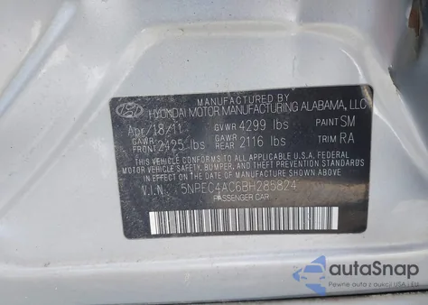 2011 Hyundai Sonata Se from USA, damaged, VIN 5NPEC4AC6BH285824